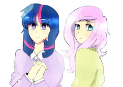 Size: 1280x905 | Tagged: safe, artist:dexter-dush, fluttershy, twilight sparkle, human, g4, clothes, humanized, sweater, sweatershy