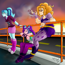 Size: 3000x3000 | Tagged: safe, artist:mutanobr, adagio dazzle, aria blaze, sonata dusk, equestria girls, g4, my little pony equestria girls: rainbow rocks, aftermath, cigarette, high res, railing, smoking, sunset, the dazzlings