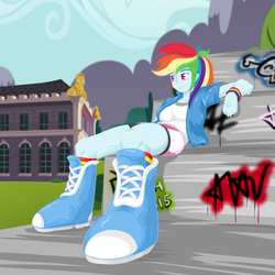 Size: 2000x2000 | Tagged: safe, artist:mutanobr, rainbow dash, equestria girls, g4, breasts, busty rainbow dash, canterlot high, female, graffiti, high res, muscles, sitting, solo