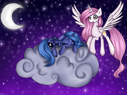 Size: 1600x1200 | Tagged: safe, artist:katkakakao, princess celestia, princess luna, g4, cloud, crescent moon, cute, eyes closed, floppy ears, flying, missing accessory, moon, night, pink-mane celestia, prone, s1 luna, sleeping, smiling, spread wings, stars, transparent moon, younger