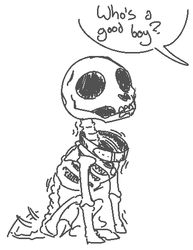 Size: 390x505 | Tagged: safe, artist:nobody, barely pony related, monochrome, offscreen character, pet, skeleton, solo