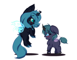 Size: 1200x931 | Tagged: safe, artist:karsismf97, oc, oc only, oc:clarise, oc:pupa puff, hybrid, interspecies offspring, magical lesbian spawn, offspring, parent:oc:fluffle puff, parent:queen chrysalis, parents:canon x oc, parents:chrysipuff