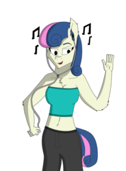 Size: 1463x1990 | Tagged: safe, artist:jormander, bon bon, sweetie drops, earth pony, anthro, g4, breasts, cleavage, female, flunked biology proportions, headphones, midriff, music, phone, solo