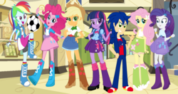 Size: 937x493 | Tagged: safe, artist:cooleevee759, applejack, fluttershy, pinkie pie, rainbow dash, rarity, twilight sparkle, equestria girls, g4, canterlot high, crossover, fanfic art, football, humane five, humane six, male, sonic the hedgehog, sonic the hedgehog (series)