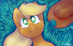 Size: 3840x2400 | Tagged: safe, artist:inkblu, applejack, g4, applejack's parents, crying, female, grass, high res, on back, smiling, solo, starry eyes