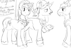 Size: 1280x905 | Tagged: safe, artist:silfoe, fancypants, prince blueblood, royal sketchbook, g4, confused, grayscale, hammer, hard hat, hat, magic, monochrome, telekinesis