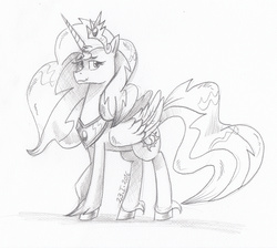 Size: 2639x2367 | Tagged: safe, artist:saturdaymorningproj, sunset shimmer, alicorn, pony, g4, alicornified, female, grayscale, high res, monochrome, race swap, shimmercorn, solo, traditional art