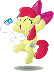 Size: 4000x5285 | Tagged: safe, artist:blackgryph0n, apple bloom, earth pony, pony, g4, ^^, absurd resolution, adorabloom, apple (company), apple bloom's bow, bipedal, bow, cute, dancing, eyes closed, female, filly, foal, hair bow, headphones, ipod, simple background, solo, transparent background