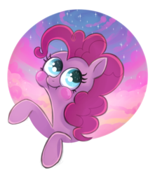 Size: 800x905 | Tagged: safe, artist:bugiling, part of a set, pinkie pie, g4, :t, blushing, cloud, female, fourth wall, leaning, ponk, puffy cheeks, simple background, sky, smiling, solo, stars, transparent background