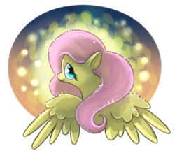 Size: 800x700 | Tagged: safe, artist:bugiling, part of a set, fluttershy, g4, abstract background, bust, female, looking at you, looking back, portrait, rear view, solo, spread wings, turned head