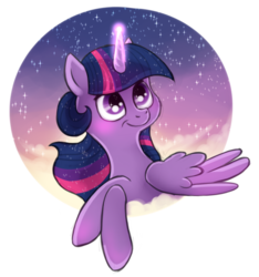 Size: 600x641 | Tagged: safe, artist:bugiling, part of a set, twilight sparkle, alicorn, pony, g4, cloud, female, forelegs crossed, glowing horn, horn, looking up, mare, solo, stars, twilight (astronomy), twilight sparkle (alicorn)