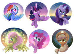 Size: 1000x748 | Tagged: safe, artist:bugiling, applejack, fluttershy, pinkie pie, rainbow dash, rarity, twilight sparkle, alicorn, pony, g4, cloud, female, forelegs crossed, looking at you, looking up, mane six, mare, moon, night, puffy cheeks, spread wings, stars, twilight (astronomy), twilight sparkle (alicorn), wings