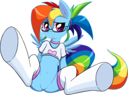 Size: 1037x771 | Tagged: safe, artist:grumblepluck, artist:the-deviant-kaba, rainbow dash, pegasus, pony, g4, adorasexy, bottomless, clothes, cute, featureless crotch, female, glasses, mare, rainbow dork, schoolgirl, sexy, simple background, solo, spread legs, spread wings, spreading, transparent background, wings