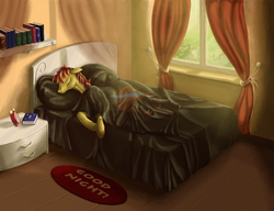 Size: 3442x2648 | Tagged: safe, artist:kirillk, oc, oc only, oc:tracy swift, bed, bedroom, blanket, book, bookshelf, doormat, drawer, high res, morning, pillow, sleeping, window