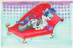 Size: 1280x843 | Tagged: safe, artist:kittyhawk-contrail, rarity, pony, unicorn, g4, clothes, fainting couch, female, garter belt, lingerie, mare, solo, stockings, traditional art