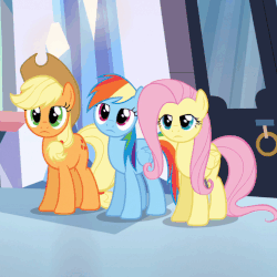 Size: 508x508 | Tagged: safe, screencap, applejack, fluttershy, rainbow dash, g4, games ponies play, animated, female, reaction, reaction image, sleepy, surprised