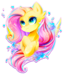 Size: 1365x1613 | Tagged: safe, artist:koveliana, fluttershy, g4, bust, chromatic aberration, color porn, female, flower, flower in hair, folded forelegs, heart, hooves to the chest, looking away, multicolored iris, portrait, rainbow eyes, simple background, solo, transparent background