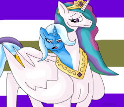 Size: 1008x874 | Tagged: safe, artist:mojo1985, princess celestia, trixie, alicorn, pony, g4, angry, conjoined, fusion, multiple heads, two heads, we have become one