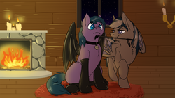 Size: 3240x1823 | Tagged: safe, artist:floots, oc, oc only, oc:daturea eventide, oc:feather freight, bat pony, pegasus, pony, candle, clothes, collar, cottage, fireplace, latex, latex socks, latex wings, pet play, pet tag, riding crop, rug, snow, snowfall, socks, window