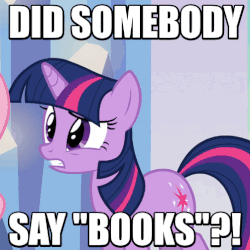Size: 502x503 | Tagged: safe, edit, edited screencap, screencap, fluttershy, twilight sparkle, pony, unicorn, g4, games ponies play, adorkable, animated, book, bookhorse, crystal empire, cute, dork, excited, female, grin, image macro, looking back, mare, meme, purple smart, smiling, that pony sure does love books, twiabetes, twilight fuel, unicorn twilight, wide eyes
