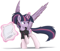 Size: 2650x2250 | Tagged: safe, artist:ncmares, twilight sparkle, alicorn, pony, g4, bed mane, clothes, female, frown, glare, high res, hoodie, levitation, magic, majestic as fuck, mare, pillow, ponytail, raised hoof, serious, socks, solo, spread wings, stockings, sweater, telekinesis, twilight sparkle (alicorn)