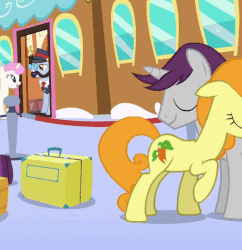 Size: 434x448 | Tagged: safe, screencap, carrot top, golden harvest, written script, earth pony, pony, unicorn, g4, games ponies play, animated, female, goldenscript, hug, male, mare, stallion