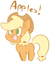 Size: 594x746 | Tagged: safe, artist:typhwosion, applejack, earth pony, pony, g4, chibi, female, one word, solo, that pony sure does love apples