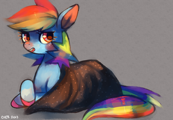 Size: 1280x891 | Tagged: safe, artist:cherivinca, rainbow dash, g4, blanket, blushing, crossed hooves, female, open mouth, red nosed, sick, solo