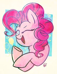 Size: 686x886 | Tagged: dead source, safe, artist:spacechickennerd, pinkie pie, earth pony, pony, g4, bust, female, mare, neck fluff, one eye closed, open mouth, solo, wink