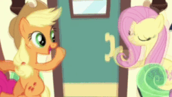 Size: 480x270 | Tagged: safe, screencap, applejack, fluttershy, pinkie pie, twilight sparkle, g4, games ponies play, animated, cropped, female, high five, hoofbump, loop