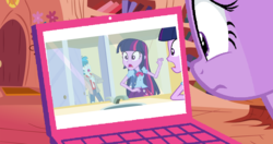 Size: 1596x840 | Tagged: safe, thunderbass, twilight sparkle, pony, equestria girls, g4, my little pony equestria girls, background human, bathroom, computer, library, screaming, this strange world