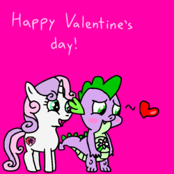 Size: 768x768 | Tagged: safe, artist:pinkiethepowerpuff, spike, sweetie belle, g4, blushing, cutie mark, female, flower, heart, male, ship:spikebelle, shipping, simple background, straight, the cmc's cutie marks, valentine's day