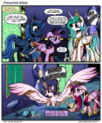 Size: 2620x3158 | Tagged: safe, artist:gray--day, princess cadance, princess celestia, princess flurry heart, princess luna, twilight sparkle, alicorn, pony, g4, season 6, alicorn pentarchy, auntie twilight, aweeg*, cake, cheek bulge, comic, cute, dialogue, eating, female, flurrybetes, food, high res, i can't believe it's not idw, impossibly large wings, large wings, mare, misplaced wing, older, sisters-in-law, speech bubble, thanks m.a. larson, twilight sparkle (alicorn), vase