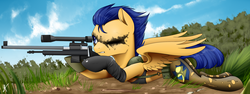 Size: 2400x900 | Tagged: safe, artist:supermare, flash sentry, pegasus, pony, g4, clothes, cosplay, costume, crossdressing, crossover, crossplay, gun, hooves, lying down, male, metal gear, metal gear solid 5, one eye closed, optical sight, quiet (metal gear), rifle, sniper rifle, solo, spread wings, stallion, teeth, weapon, wings