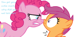 Size: 810x402 | Tagged: safe, pinkie pie, scootaloo, g4, boop, cutie mark, gritted teeth, noseboop