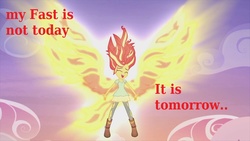 Size: 1200x675 | Tagged: safe, sunset shimmer, equestria girls, g4, my past is not today, christian sunset shimmer, christianity, fast, glowing, image macro, lent, meme, pun, religion, religious focus, religious headcanon, sunset phoenix