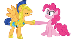 Size: 2420x1268 | Tagged: safe, flash sentry, pinkie pie, g4, hoofbump, royal guard