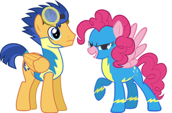 Size: 3608x2376 | Tagged: safe, artist:chainchomp2 edits, flash sentry, pinkie pie, pegasus, pony, g4, high res, pegasus pinkie pie, pinkiesentry, race swap, wonderbolt trainee uniform, wonderbolts