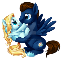 Size: 1024x986 | Tagged: safe, artist:centchi, oc, oc only, pegasus, pony, father and daughter, female, filly, watermark