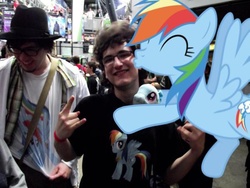 Size: 600x450 | Tagged: safe, rainbow dash, human, g4, brony, clothes, fedora, glasses, hat, irl, irl human, kissing, photo, ponies in real life, shirt