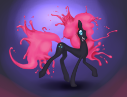 Size: 3208x2463 | Tagged: safe, artist:gigadragon, pinkie pie, earth pony, pony, g4, abstract background, female, high res, nightmare pinkie, nightmarified, open mouth, paint, sharp teeth, smiling, solo