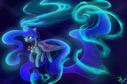 Size: 3000x2000 | Tagged: safe, artist:joan-grace, princess luna, alicorn, pony, g4, ethereal mane, female, glowing horn, high res, horn, mare, necklace, solo, starry mane, wings