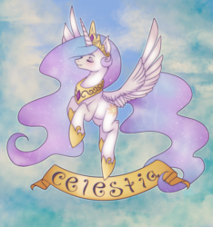Size: 2000x2133 | Tagged: safe, artist:couratiel, artist:kirajoleen, princess celestia, g4, collaboration, eyes closed, female, flying, high res, old banner, solo