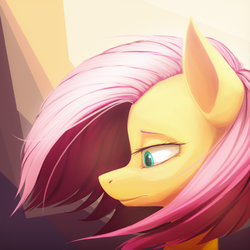 Size: 1500x1500 | Tagged: safe, artist:voxelfyre, fluttershy, g4, abstract background, alternate hairstyle, big ears, bust, female, lidded eyes, lineless, looking down, portrait, profile, short hair, short mane, solo, windswept mane