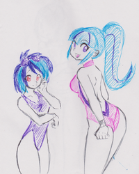 Size: 1684x2105 | Tagged: safe, artist:elgatosabio, dj pon-3, sonata dusk, vinyl scratch, equestria girls, g4, clothes, duo, female, one-piece swimsuit, open-back swimsuit, simple background, swimsuit, traditional art