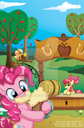 Size: 400x607 | Tagged: safe, artist:marybellamy, apple bloom, applejack, pinkie pie, earth pony, pony, g4, apple, apple tree, applebucking, cider, food, trio, watermark