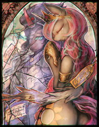 Size: 1554x1994 | Tagged: safe, artist:girlsay, king sombra, princess celestia, pony, g4, always, bipedal, broken mirror, butt, colored horn, crying, curved horn, eyes closed, female, former good king sombra, good king sombra, horn, male, mirror, plot, ship:celestibra, shipping, sombra eyes, sombra horn, straight, sunbutt, tanabata