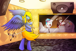 Size: 3000x2000 | Tagged: safe, artist:franticlava, dj pon-3, octavia melody, vinyl scratch, oc, oc:electro blitz, g4, high res