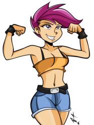 Size: 2002x2683 | Tagged: safe, artist:frankaraya, scootaloo, human, armpits, belly button, bracelet, breasts, busty scootaloo, cleavage, clothes, commission, female, humanized, midriff, older, piercing, pose, shorts, solo