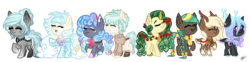 Size: 1739x432 | Tagged: safe, artist:peaceouttopizza23, oc, oc only, oc:aurora borealis, oc:confetti creek, oc:crystal evergreen, oc:lacey glass, oc:opal falls, oc:pudding pop, oc:velveteen ribbon, oc:wren frost, deer, earth pony, hybrid, original species, pond pony, pony, antlers, clothes, sweater
